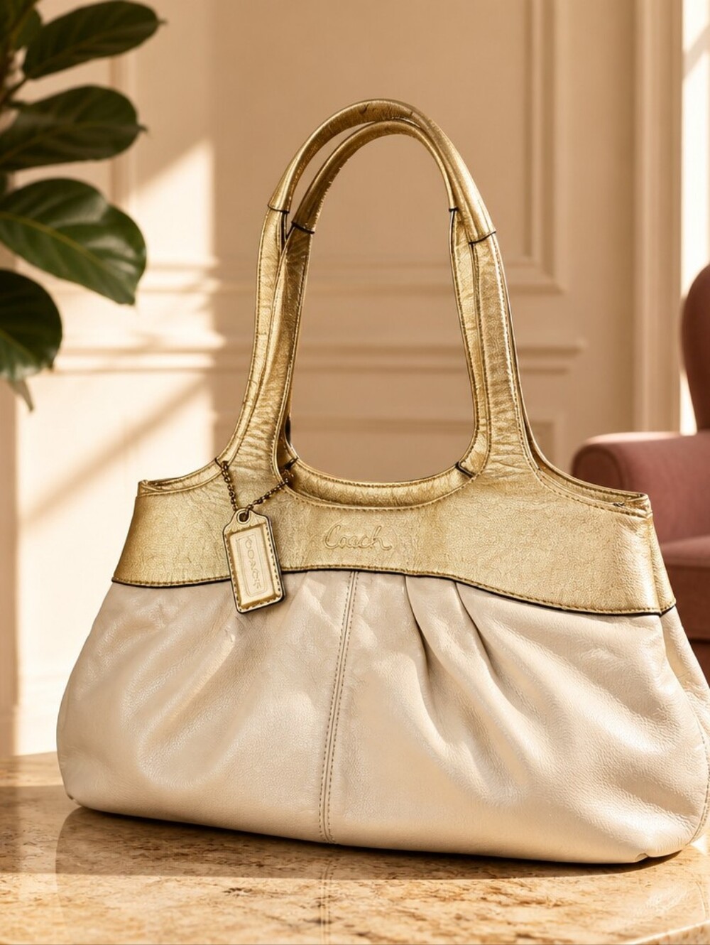Coach Cream and Gold Pleated Shoulder Bag